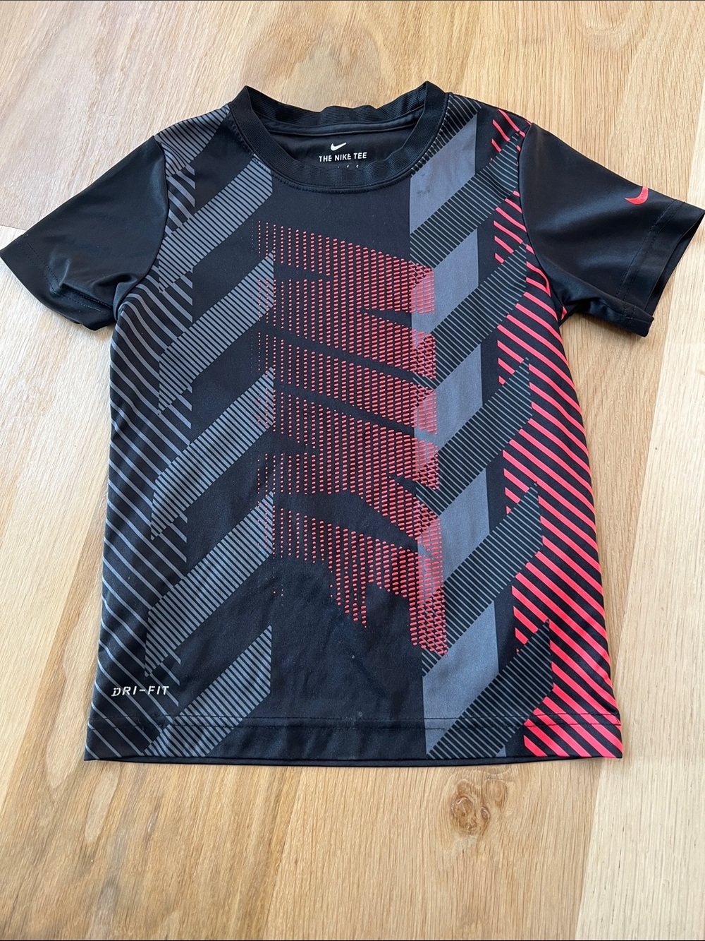 Nike Black Athletic Tee with Red & Gray Chevron Graphic